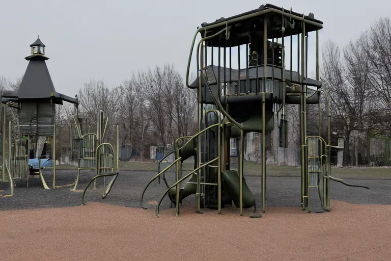 Image similar to dystopian authoritarian playground guards station around the area