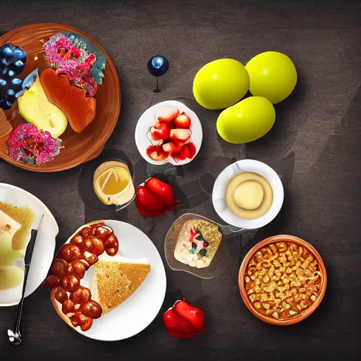 Prompt: a plate of random food on the table, realistic,