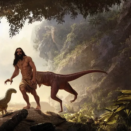 Image similar to a detailed matte painting of a ridiculously good looking jesus who is exploring the prehistoric jungle with his pet velociraptor, elegant ancient greek dress, jungle as the background, very detailed, beautiful, intricate, art by greg rutkowski and robert e howard, octane render