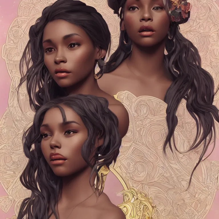 Image similar to beautiful black woman with gorgeous pastel balayage hairstyle, as seen on artgerm, octane render, in the style of alphonse mucha, ultra realistic, highly detailed, 8 k