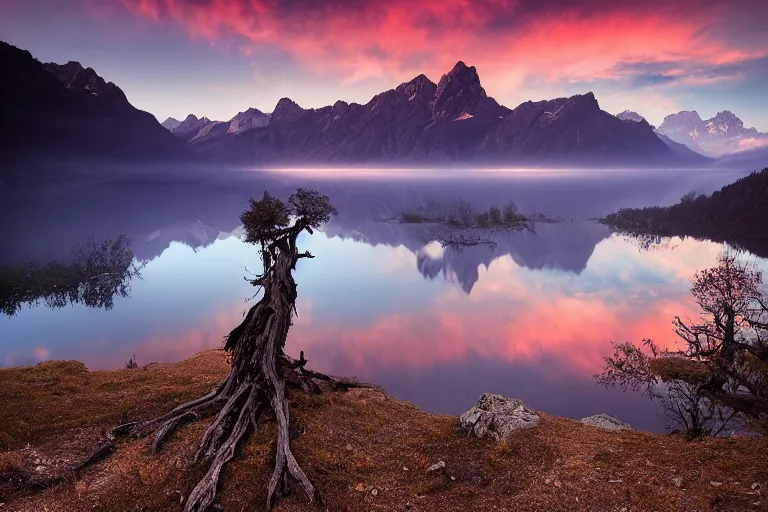 Prompt: beautiful very old photo of a landscape of mountains with lake and a dead tree in the foreground by Marc Adamus, sunset, dramatic sky, 1920