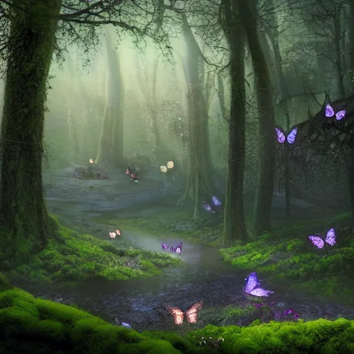 Prompt: a beautiful hyper realistic detailled matte painting of a dark serene forest of faeries at night, moss and flowers, butterflies by night, unreal engine, trending on artstation, barometric projection, rectilinear