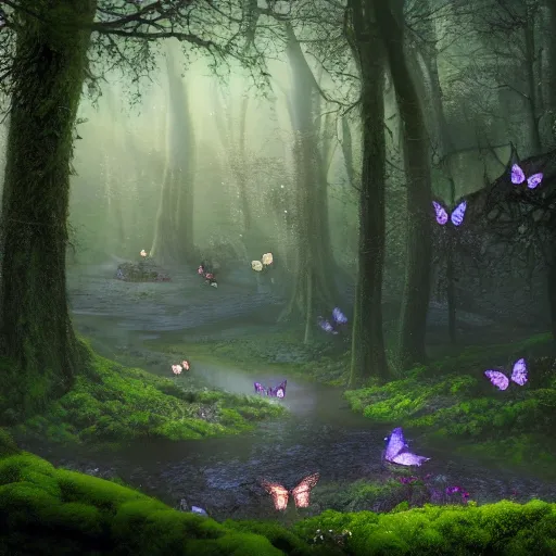 An enchanted forest, it is nighttime, there are flying