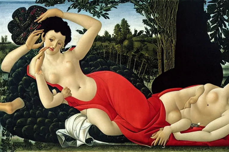 Prompt: betty boop reclining on a chaise lounge, classical painting by sandro botticelli, on display at the ufitzi gallery, 4 k