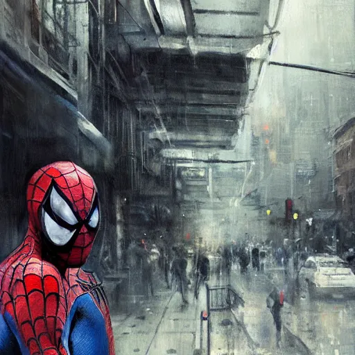 Image similar to spiderman lunch break, realistic, ultrahd, jeremy mann painting