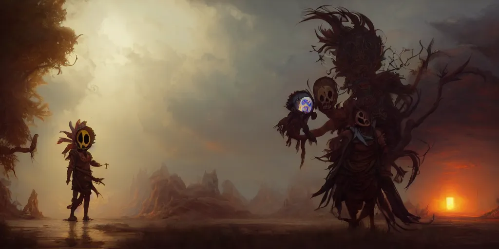 Prompt: painting of a cinematic still of skull kid and the happy mask salesman, dramatic clouds, greek mythology, extremely detailed digital painting, in the style of fenghua zhong and ruan jia and jeremy lipking and peter mohrbacher, mystical colors, rim light, beautiful lighting, 8 k, stunning scene, raytracing, octane, trending on artstation