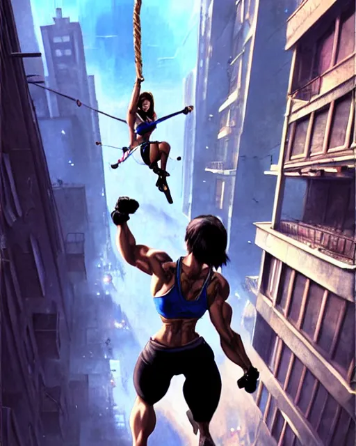 Image similar to gigachad jill valentine bodybuilder swinging from a building with a rope in racoon city, fantasy character portrait, ultra realistic, anime key visual, full body concept art, intricate details, highly detailed by greg rutkowski, ilya kuvshinov, gaston bussiere, craig mullins, simon bisley
