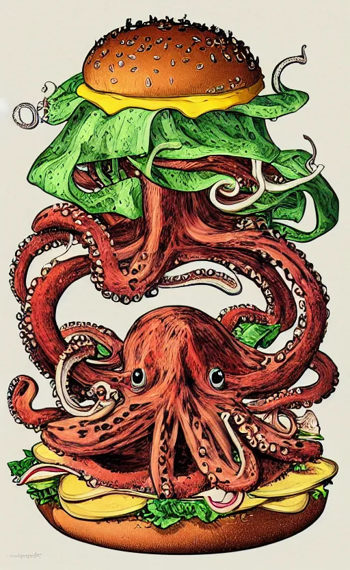 Prompt: highly detailed illustration of octopus eating a burger, symmetrical, hd, trending, silk screen