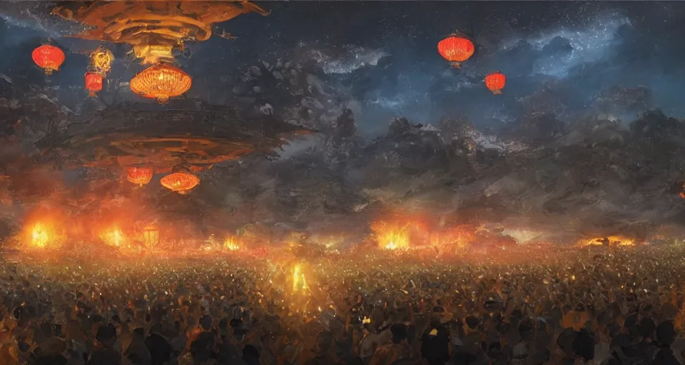 Prompt: craig mullins and ghibli digital art of zhongyuan festival in china ， lanterns ， gohst door with fire in the sky, black night sky, stars, below is the crowd, rivers, villages ， unreal engine, hyper realism, realistic shading, cinematic composition, realistic render, octane render, detailed textures, photorealistic, wide shot