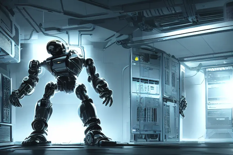 Prompt: parallax datacenter server room single mono colossus white rusty android robosaurus artstation cinematic detailed concept art volumetric light sharp coherent cgsociety symmetric perfect well balanced shadows robocop