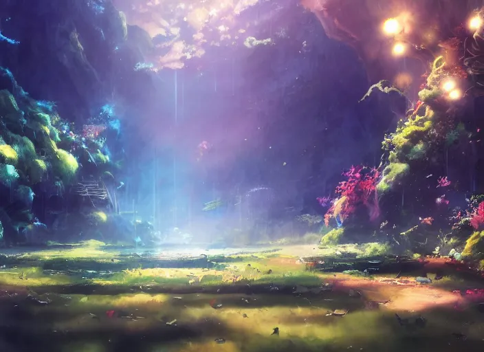 Image similar to anime background clean neat clarity professional visual development set design, large hall, sparse plants, dim painterly lighting volumetric aquatics, impasto, trending on pixiv