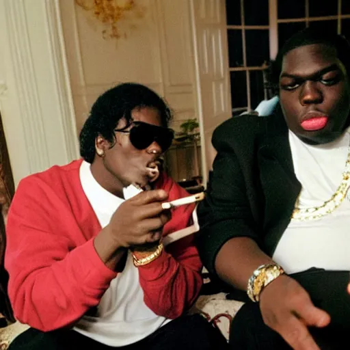 Image similar to a photograph of michael jackson and biggie smoking a joint together at the white house in 2 0 0 8, 4 k