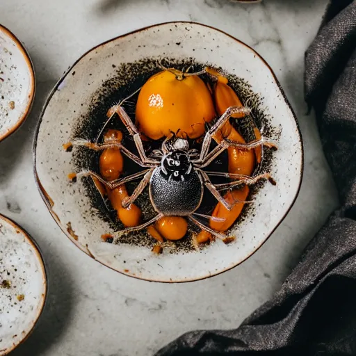 Prompt: professional food photography of a bowl of spiders, canon eos r 3, f / 1. 4, iso 2 0 0, 1 / 1 6 0 s, 8 k, raw, unedited, symmetrical balance