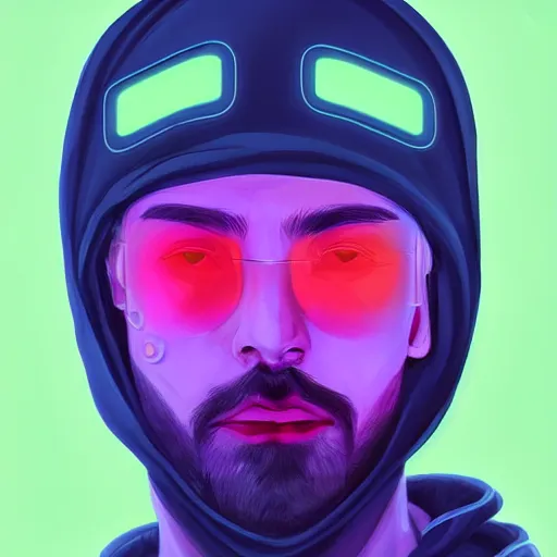 Image similar to a portrait of an ultradetailed futuristic male cyberpunk wearing a hoodie on his head, bearded, deep blue eyes, by dylan kowalski, 8 k, purple neon colours, digital painting, trending on gc society