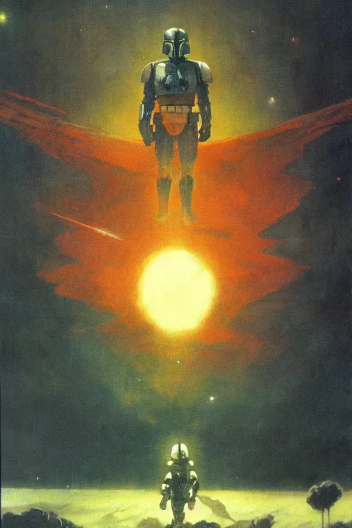 Image similar to backlit dramatic cinematic mandalorian by beksinski frazetta on background with destroyed planets and atomic bomb explosion, backlight