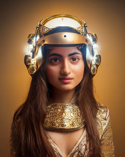 Image similar to centered medium shot fine studio photograph of a beautiful persian girl wearing a persian solarpunk electronic helmet with led lights decorated with golden ornaments, chest with mechanical parts, ultra-realistic, white background, 8k HDR dusk light, intricate detail