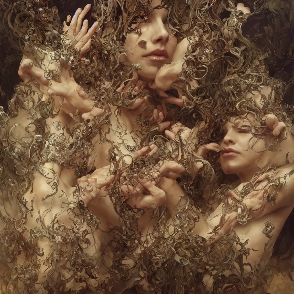 Prompt: too many hands, gnarled, so many hands, fingers, weird amount of hands, fantasy, intricate, elegant, highly detailed, digital painting, artstation, concept art, smooth, sharp focus, illustration, art by artgerm and greg rutkowski and alphonse mucha