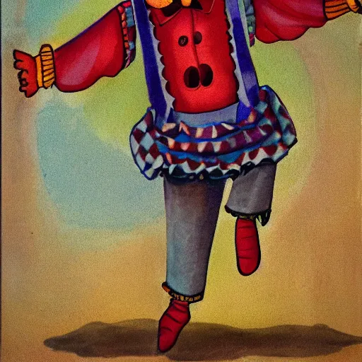 Image similar to Clown dancing in suspenders on a triangular roof, anthropology, ethnology, biology, 8k, realistic
