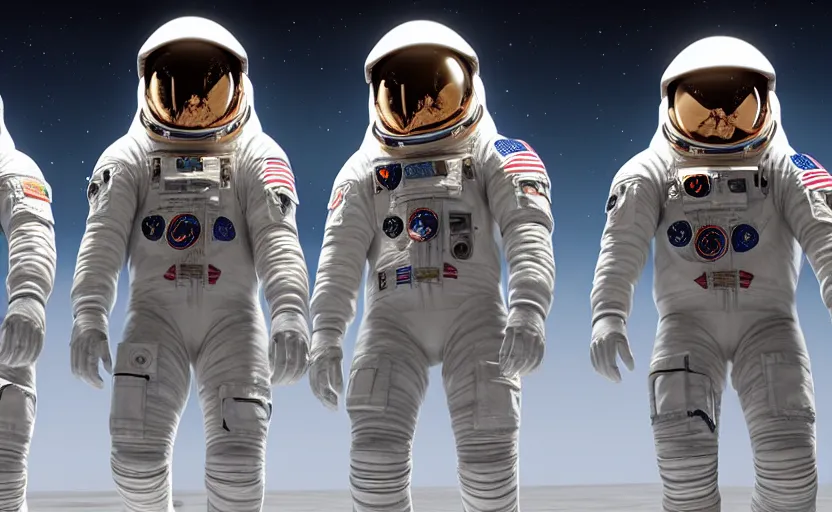 Image similar to astronauts designed by alexander mcqueen, catwalk, soft ambient lighting, photorealism, unreal engine, art by michael whelan and chris moore and howard david johnson and tim white and dan giancola