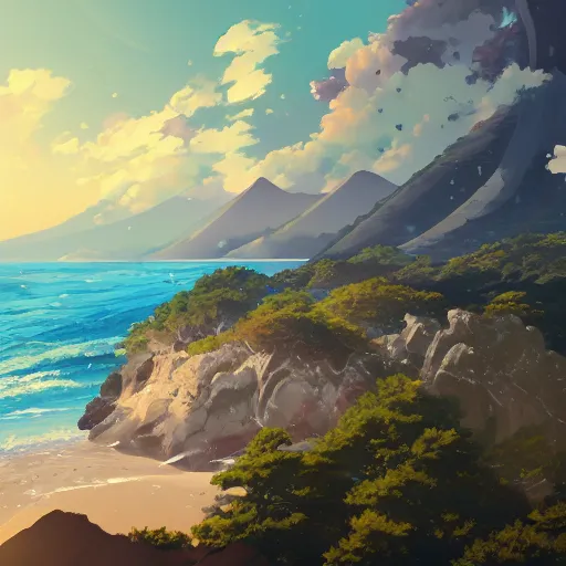 Image similar to A beautiful painting of japan coast with mountains ,Anime ,nature ,illustration, Nature wallpaper, Bright and airy, Aerial, Makoto shinkai ,Trending on artstation