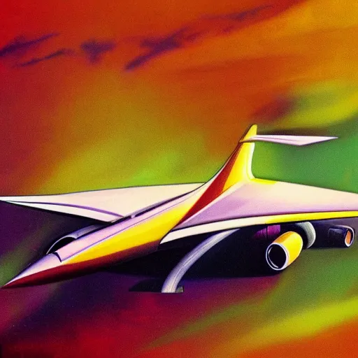 Image similar to futuristic supersonic jet, concept art, 1 9 7 0 s style, saturated colors, high definition