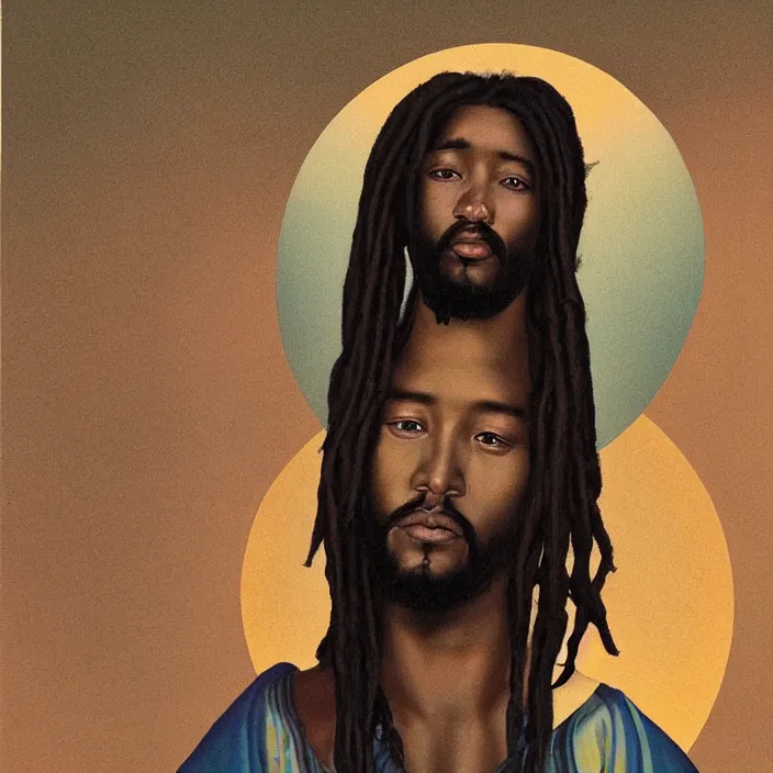 Image similar to UFO hovering around an African Jesus with dreadlocks, portrait painting by Hsiao-Ron Cheng,