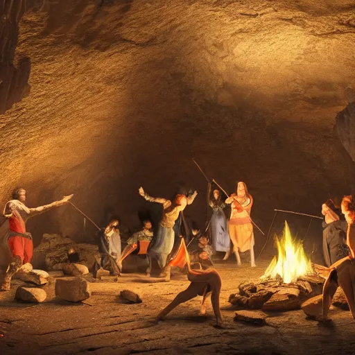 Image similar to medieval people dancing in a cave, there are great crystals on the ground and a campfire, matte painting, 4k, very detailed