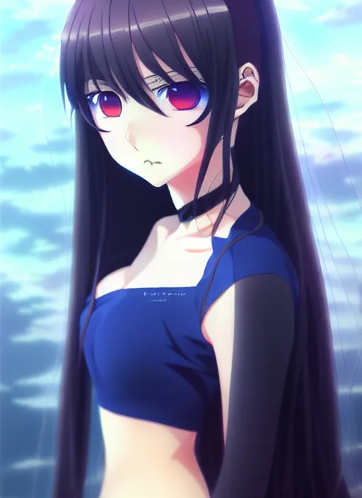 Image similar to anime portrait of a beautiful woman, blue - orange eyes, long hair, ilya kuvshinov, black clothing, anime, pixiv top monthly, trending on artstation, cinematic, danbooru, zerochan art, kyoto animation