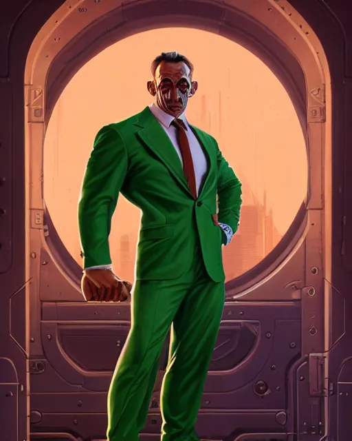 Image similar to luigi bodybuilder in a expensive suit, ernest khalimov body by krista sudmalis, fantasy character portrait, ultra realistic, futuristic background by laurie greasley, concept art, intricate details, highly detailed by greg rutkowski, ilya kuvshinov, gaston bussiere, craig mullins, simon bisley