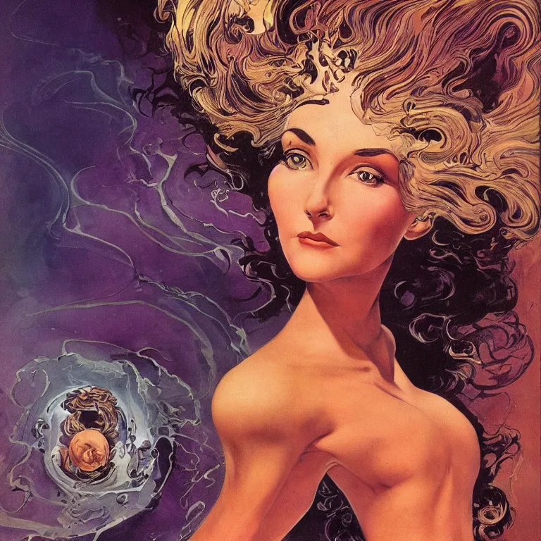 Image similar to portrait of a woman with swirling hair and fractal skin by frank frazetta, retrofuturism, psychedelic art reimagined by industrial light and magic