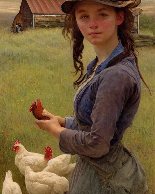 Prompt: side portrait Appalachian farm girl with detailed features, weathered barn in the backdrop, chickens on the ground, Appalachian trees, sharp focus, illustration, highly detailed, oil painting, matte, art by Greg Rutkowski and Alphonse Mucha, masterpiece