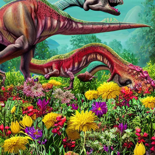 Prompt: dinosaurs in an explosion of flowers by James r. Knight, high detail, floral, ultra realistic
