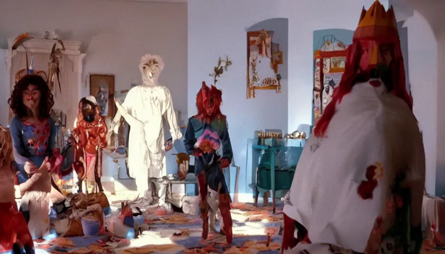 Image similar to movie still by alejandro jodorowsky of a beautiful day in a family living room in a suburban neighborhood usa, visible magic energy, dream creature costumes, transcending cult members, talking animals, haunted bounce house, cinestill 8 0 0 t eastmancolor technicolor, high quality, very detailed, heavy grain, fine facial features, 8 k, octane render