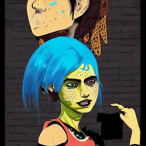 Prompt: Highly detailed portrait of a punk zombie latino young lady with freckles by Atey Ghailan, by Loish, by Bryan Lee O'Malley, by Cliff Chiang, inspired by iZombie, inspired by graphic novel cover art !!!electric blue, brown, black, yellow and white color scheme ((grafitti tag brick wall background))