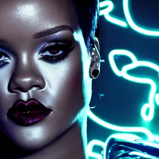 Image similar to portrait of rihanna as a futuristic cyborg, surrounded by neon lights, cinematic, fantasy