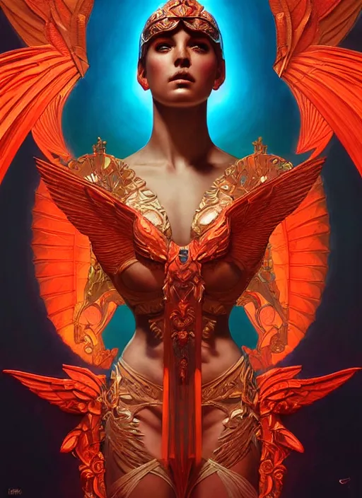 Image similar to nike godess of victory, wings, wax figure, glowing eyes, volumetric lights, red and cyan theme, art nouveau botanicals, intricate, highly detailed, digital painting, artstation, concept art, smooth, sharp focus, cinematic, illustration, beautiful face, art by artgerm and greg rutkowski and alphonse mucha