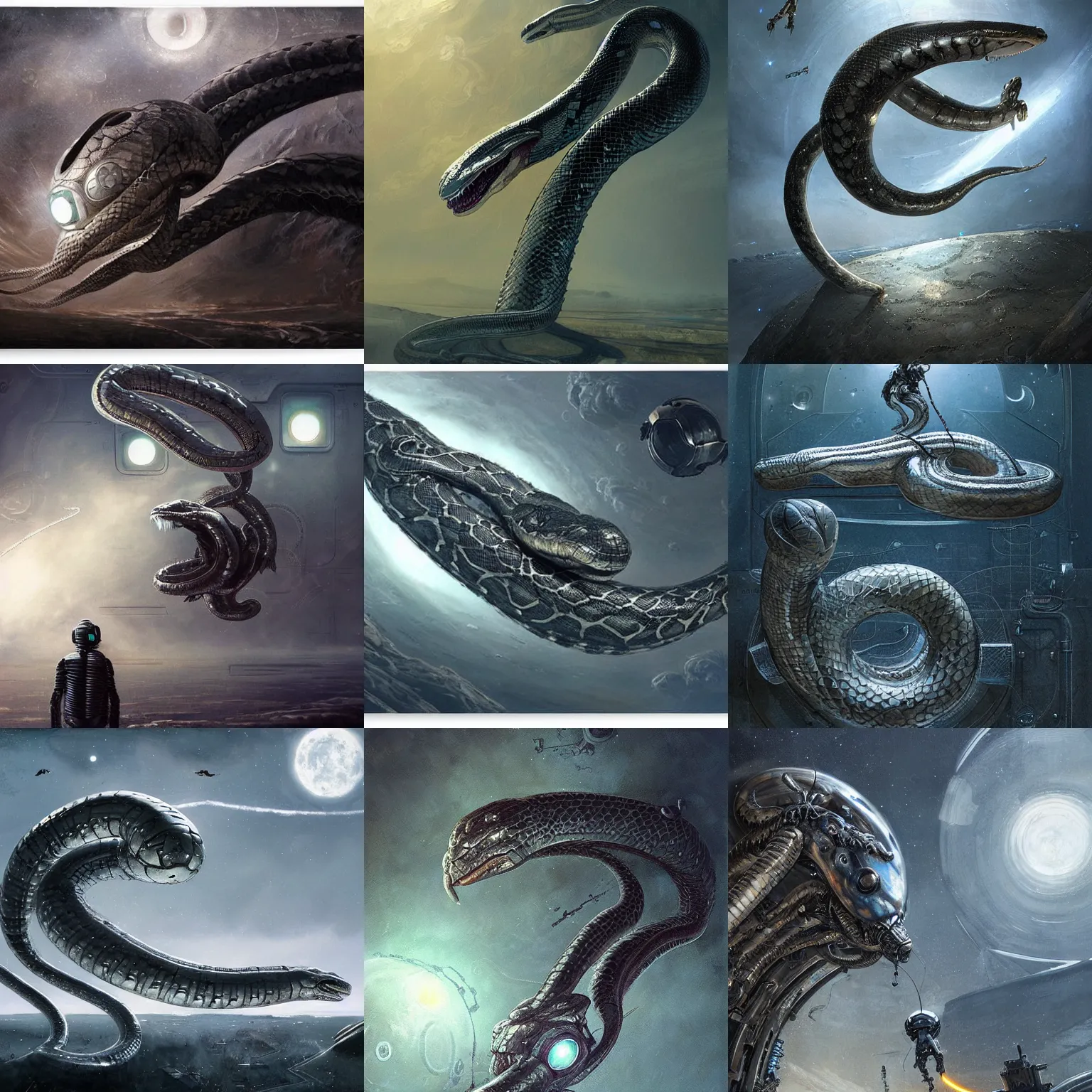 Prompt: silver metall mechanical floating giant snake in space, clockpunk, giger, by greg rutkowski