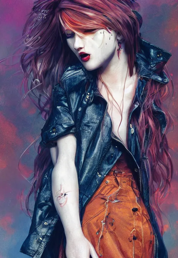 Prompt: full body illustration of a girl with eyes that burn like cigarettes wearing a mini skirt and a long jacket with fingernails that shine like justice, dramatic lighting, photorealistic, full body portrait, detailed anatomy, extreme detail, 4 k, colorful, confident, artgerm and ben lo and mucha, octane render, detailed face, f / 2. 8