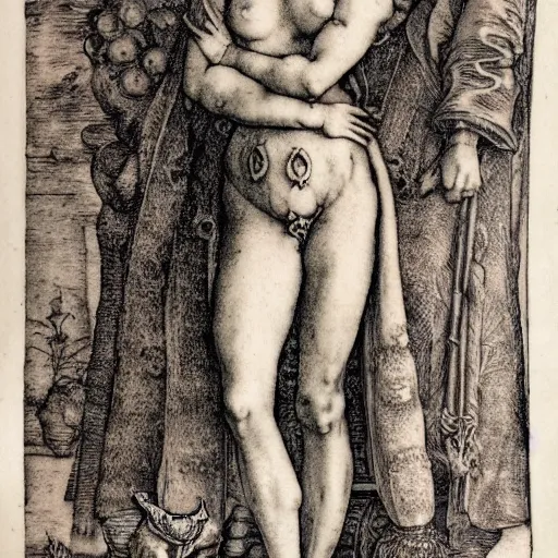 Prompt: albrecht durer, albrecht altdorfer, hans holbein, lucas cranach, gustave dore, engraving-style tattoo of regal female boddhisatva with the attributes of Diana, Athena, Guanyin, Shakti, Deborah, and Seshat, standing gracefully, wearing a robe