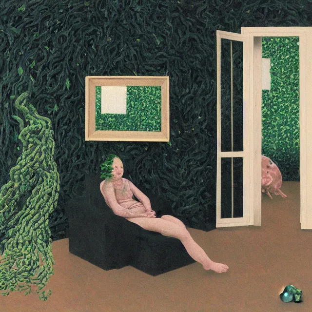 Image similar to a pathology student in her apartment, wrapped in vines, large stones, pig, black walls, ikebana, black armchair, puddles, moss, acrylic on canvas, surrealist, by magritte and monet