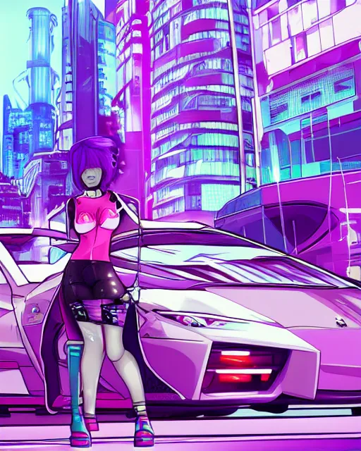 Image similar to cel shaded art of a pretty blue haired girl standing next to a purple lamborghinil, jet grind radio graphics, cyberpunk city street background