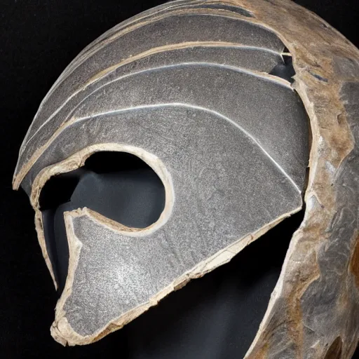 Prompt: symmetrical product photograph of a highly detailed ominous helmet made from fragmented bone and obsidian, damaged