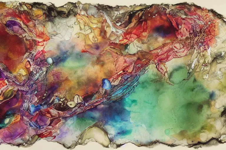 Image similar to an elaborate and dense painting of the future, made of alcohol ink on parchment