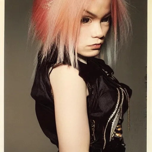 Image similar to A beautiful young woman with dyed hair hair looking disgusted away from the camera, Punk, Portrait by Noriyoshi Ohrai