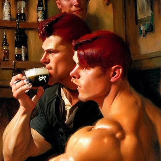 Image similar to attractive muscular male with red hair and muscular attractive male with black hair, drinking their hearts out, in a pub. very defined and highly detailed painting by j. c. leyendecker, gaston bussiere, craig mullins 8 k