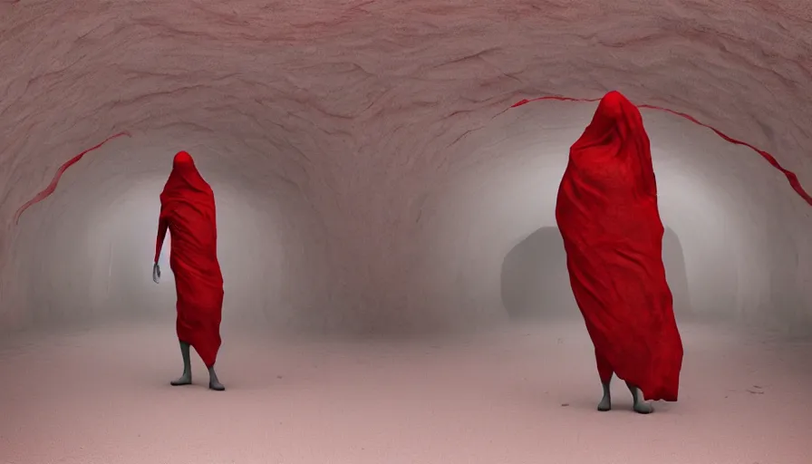 Image similar to a figure covered by red cloth that's blowing in the wind standing in a creepy tunnel with atmospheric light, digital art, concept art, cloth simulation with houdini, octane, redshift, 8 k