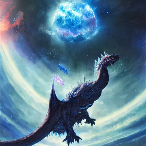 Prompt: prompt Blue crystalline European dragon devouring a planet, space, planets, moons, sun system, nebula, oil painting, by Fernanda Suarez and and Edgar Maxence and greg rutkowski