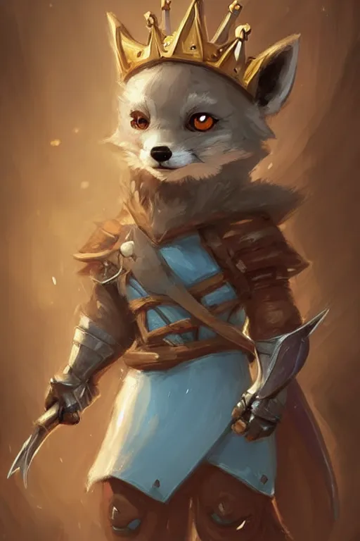 Image similar to cute little anthropomorphic foxy knight wearing a cape and a crown, tiny, small, miniature fox, baby animal, short, pale blue armor, cute and adorable, pretty, beautiful, DnD character art portrait, matte fantasy painting, DeviantArt Artstation, by Jason Felix by Steve Argyle by Tyler Jacobson by Peter Mohrbacher, cinematic lighting