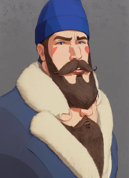 Prompt: massive athlete with a blond mustache with a beard, dressed in blue white red, art by studio ghibli and j. c. leyendecker and greg rutkowski and artgerm and ilya kuvshinov, portrait, d & d, fantasy, highly detailed, digital painting, headshot, trending on artstation, concept art, sharp focus, illustration