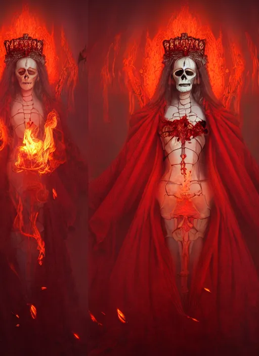 Image similar to a beautiful detailed 3 d matte painting, variations around female, queen, necromancer, symmetrical features, vertical portrait, skeleton, whirling smoke, embers, red adornements, red torn fabric